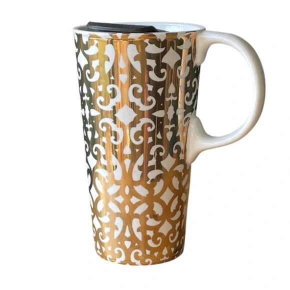 CYPRESS HOMES 17oz gold foil lace design travel mug handle celestial holiday EUC - Picture 3 of 14